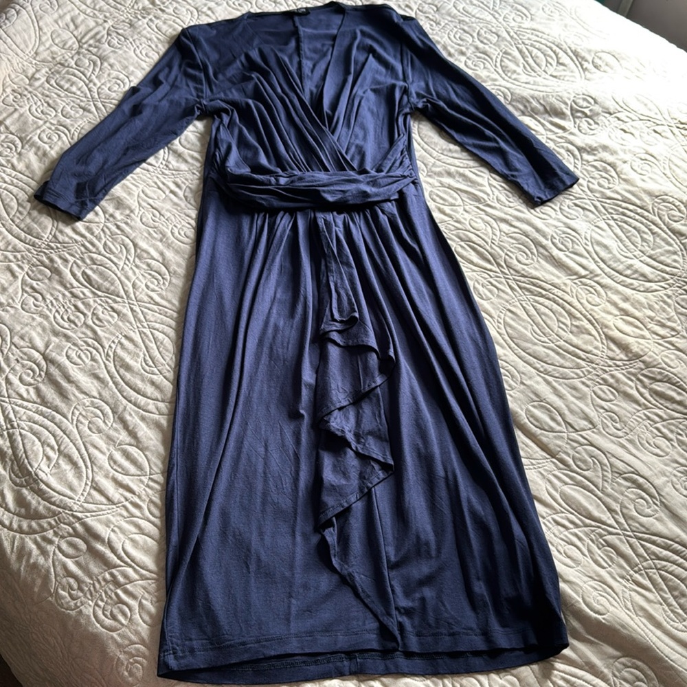 Ronen Chen Draped Jersey Wrap Dress in Navy Blue. Size 10.